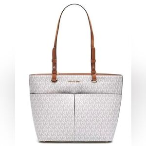 Michael Kors White Tan Medium Bedford Zip Top Pocket MK Tote